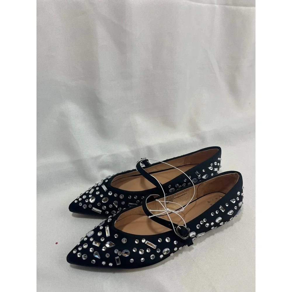 A New Day Womens Black Rhinestone Mary Jane Pointed Toe Flats Shoes‎ Size 6 NWT